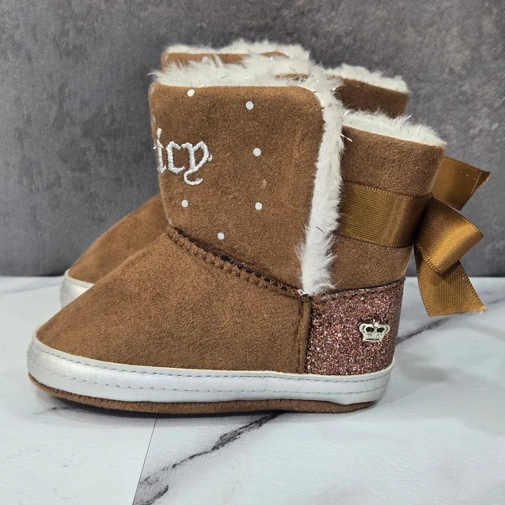 Juicy Couture Burbank Baby Boots 2M Brown Faux Suede Glitter Bow Shearling
